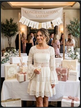 Free People White Crochet Lace Mini Dress Size 6 Boho Bridal Shower Bachelorette